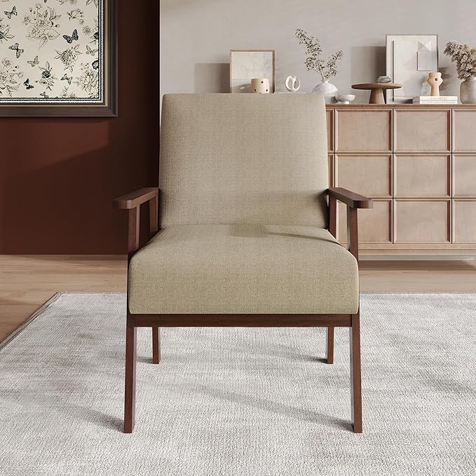 Mid-Century Modern Accent Chair Linen Upholstery Wooden Armrests Cushioned Seat Easy Assembly Beige