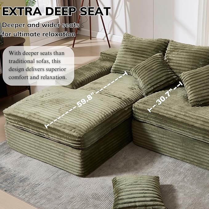 99 Cloud Modular Sectional CouchL-Shape Sofa Couch with Deep SeatModern Boneless Compressed Sofa with Chaise3 Seater Corduroy Couches for Living Room Bedroom No Assembly Required (Green)