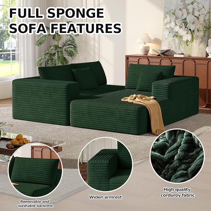 MoonSpeak 107 Sectional Boneless Couches for Living Room.Deep Seat Corduroy L Shaped Modular Sofa.Cloud Sectional Sofa.Upholstered Couches with Oversized Chaise(GreenRight Chaise)