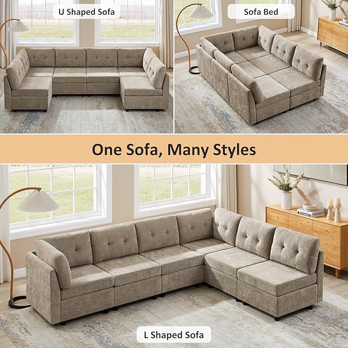 VANOMi 6 Seater Modular Cloud Sofa 118 Convertible Sectional Cloud Sofas &amp Couches for Living Room Comfy Chenille Sectional Couch Sofa for Living Room Apartment Office Camel L/U Shaped