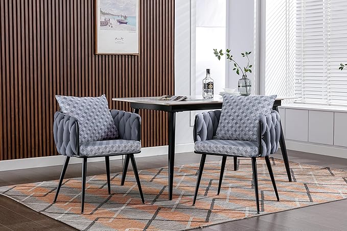 Generic Grey Modern Velvet Dining Chairs Set of 2 Hand Weaving Accent Chairs Living Room Chairs Upholstered Side Chair with Black Metal Legs for Dining Room Kitchen Vanity Living Room