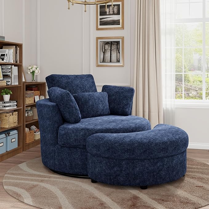 Oversized Swivel Chair and A Half with Ottoman Cozy Round Circle Chair Modern Big Comfy Accent Barrel Chairs with Pillows Comfy Chaise Lounge Adults Reading Armchair for Living Room Bedroom Navy