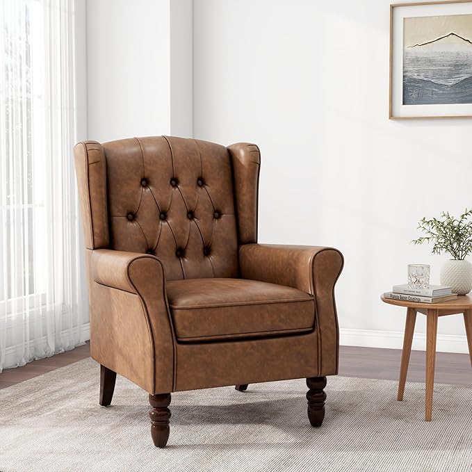 Accent Chair Upholstered Armchair with Button Tufted High Back &amp Solid Wood Legs Comfy Wingback Reading Single Sofa Chair for Small Spaces Living Room Bedroom (Leather Brown Set of 2)
