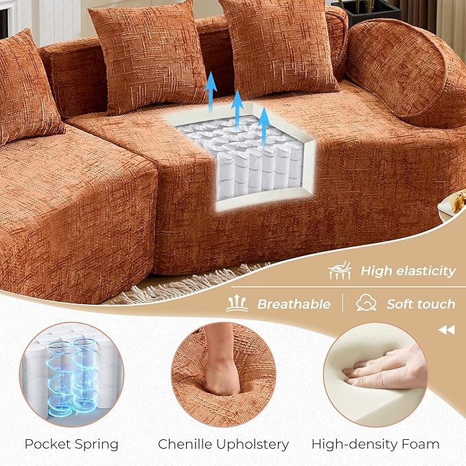 109'' Modern Curved Sectional Sofa Luxury Plush Chenille Upholstered Couch Comfy Cloud Compressed Sofa with 4 Pillows for Living Room Apartment Office No Assembly Needed Orange