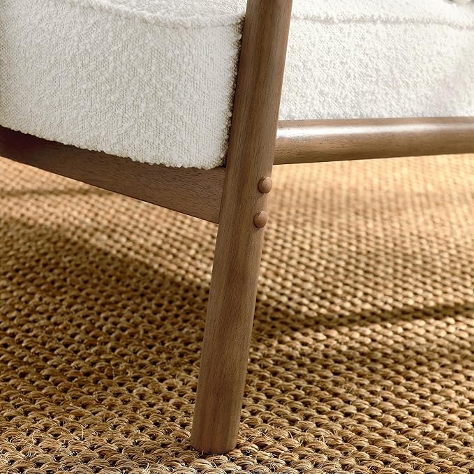 Modway Charlie Boucle Upholstered Wood Accent Armchair in Ivory – Mid-Century Modern Chair with Cushion – Cozy Reading Chair with Solid Wood Frame – Fabric Upholstered Armchair for Living Room