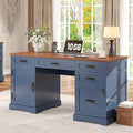 Whalefall 55'' Farmhouse Desk Home Office with Drawers Executive Computer Desk Wooden with File Cabinet and Charging Station Blue