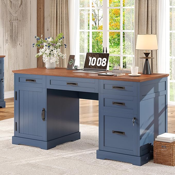 Whalefall 55'' Farmhouse Desk Home Office with Drawers Executive Computer Desk Wooden with File Cabinet and Charging Station Blue