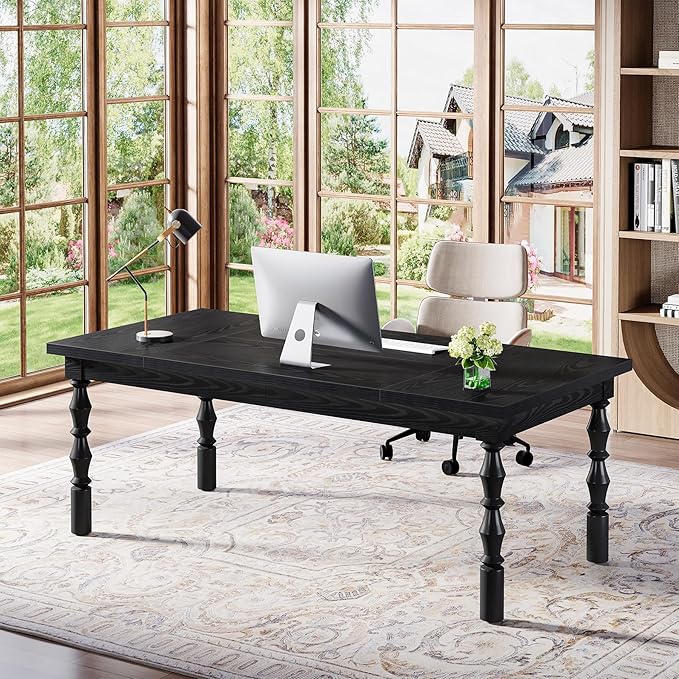 Tribesigns Large Executive Office Desk 62.2-Inch Farmhouse Modern Computer Desk Mid Century Study Writing Table Workstations Business Office Furniture with Carved Turned Legs (Black)