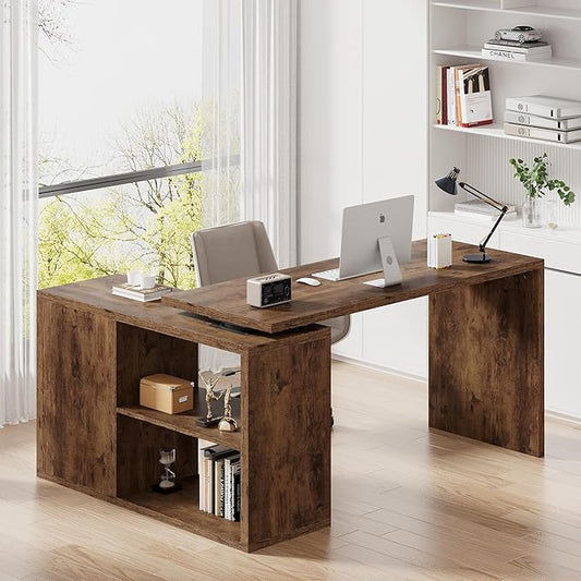 HSH Rustic L Desk with Storage Shelves L Shaped Computer Desk with Open Storage Cabinet Vintage Reversible Corner Home Office Desk for Living Room Office Rustic Brown 55 in