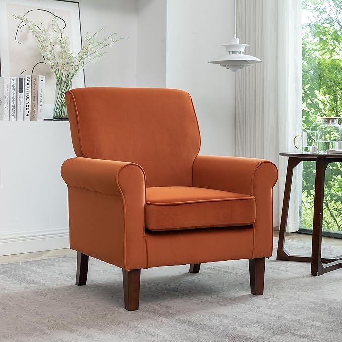 Classic Accent Armchair with Birch Wood Frame and Comfortable Rolled Armrests Arm Chairs for Living Room Bedroom and Office Decor Orange