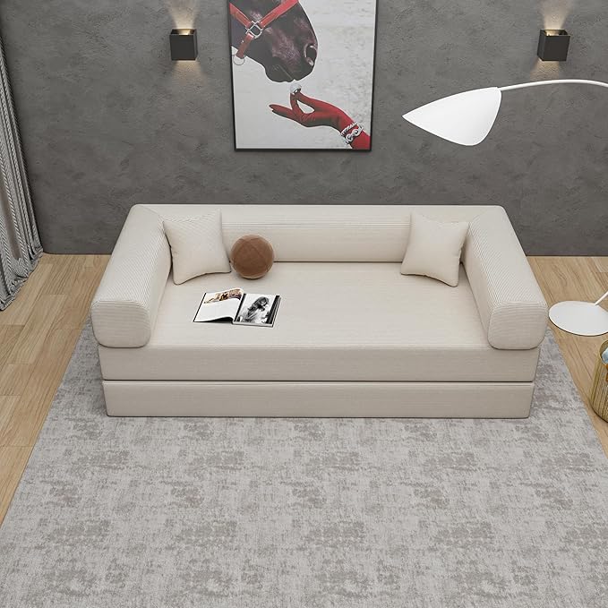 Convertible Sleeper Sofa Bed with Upgraded All High-density 35D Foam No Assembly Foldable Sleeper Couch Folding Floor Boneless Mattress Couch for Living Room Bedroom Apartment Lounge Office Beige