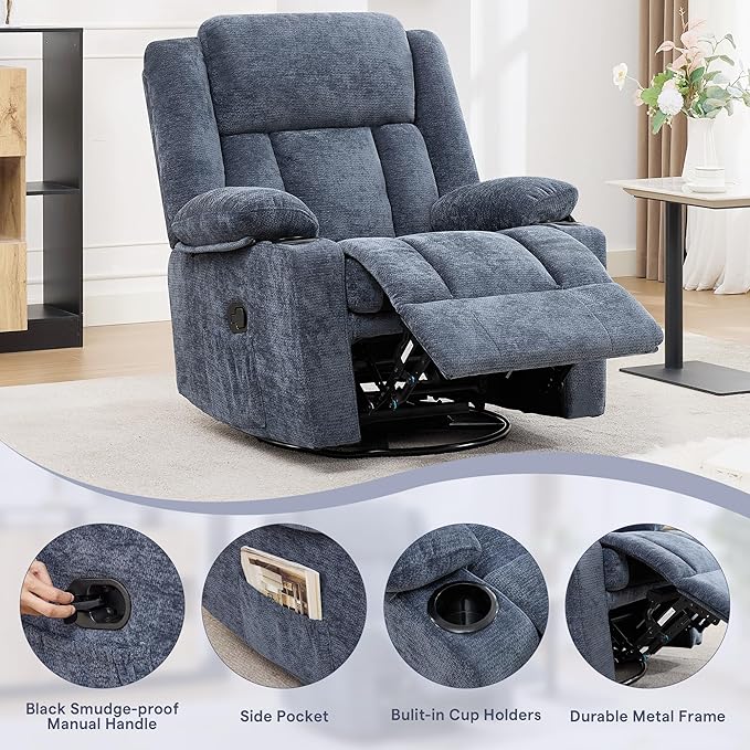 Swivel Rocker Recliner for Adults Manual Lazy Boy Recliner Chair with Cup Holders 360 Degree Rotating Nursery Rocking Chair Glider Recliner for Living Room (Blue)