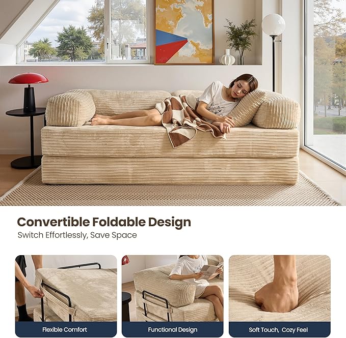 4-in-1 Folding Convertible Sofa Bed 81 Boneless Couch with Pillow Back Support Armrest Corduroy Loveseat Sleeper Compression Couch Floor Sofas Futon for Living RoomBeige