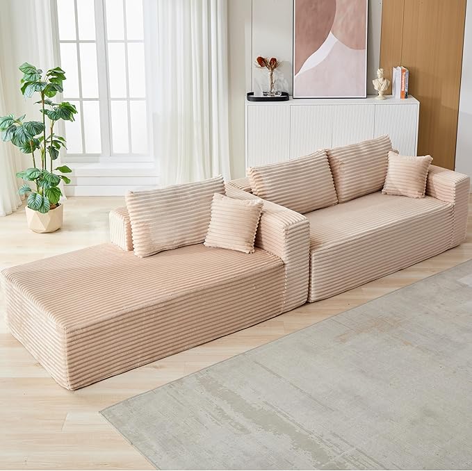 110 Inch Modular Sectional Cloud Couch with ChaiseOversized Deep Seat Sofa in CorduroyBoneless L Shaped Boneless Floor Couch Vacuum Pack for Easy ShippingNo Assembly for Living Room BedroomBeige
