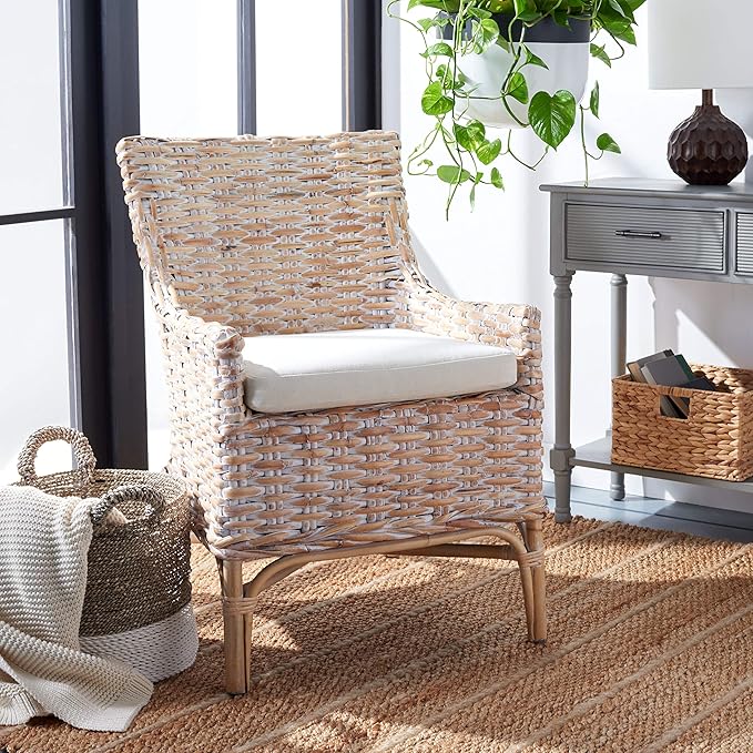 Safavieh Home Collection Cristen Rattan Cushion Accent Chair Natural White Wash/White (ACH6513A)