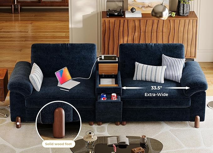 SITJOY 100 Oversized Sectional Couches for Living Room Extra Large Deep Seat Couch with Washable Covers Versatile Console Charging Ports Storage and Cupholders Loveseat Chenille in Blue