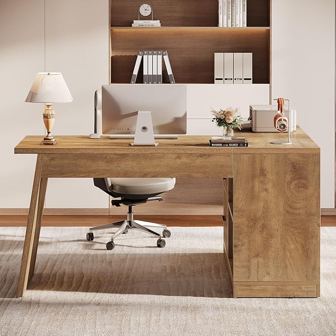 Tribesigns 55-Inch L Shaped Computer Desk with 3 Drawers Corner Home Office Desk with Storage Shelves Farmhouse Wood Executive Desk for Work Writing Sturdy Gaming Brown