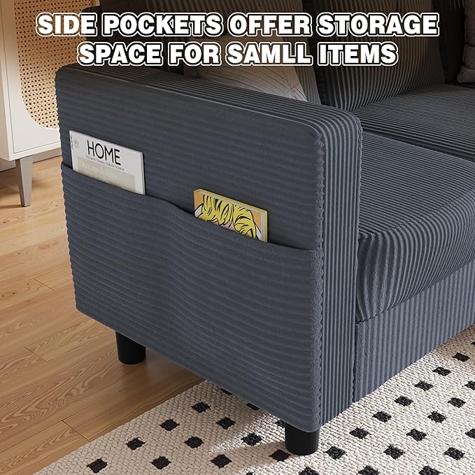 JAMFLY Convertible L-Shaped Sectional Sofa with Reversible Storage Ottoman 3-Seat Couch with Side Pockets Modern Compact Furniture for Small Apartments Studios &amp Lofts Grey