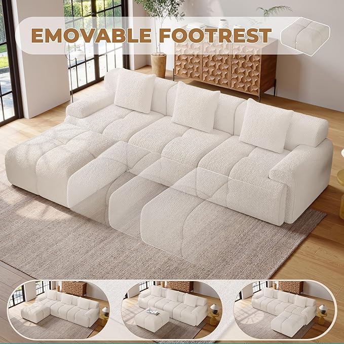104 Modern L Shaped Modular Sectional Sofa 4 Seater Convertible Chenille Cloud Couch Sofa Set Boneless Couches for Living Room with Ottoman No Assembly Required White