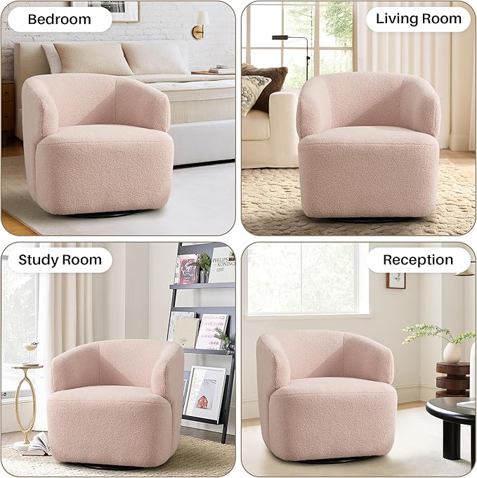 Swivel Accent Chair Sherpa Teddy Barrel Chair for Living Room Cozy Round Boucle Arm Chair Metal Base for Club Nursery Bedroom Light Blush Pink