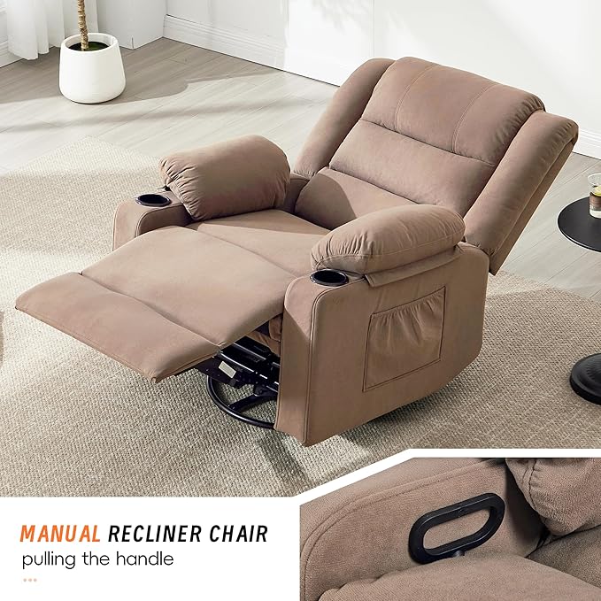 360°Swivel Rocker Recliner Chair for AdultsManual Glider Recliner Sofa with Massage and Heating Nursery Rocking Chairs with Cup Holds for Living Room Bedroom (Light Mocha)