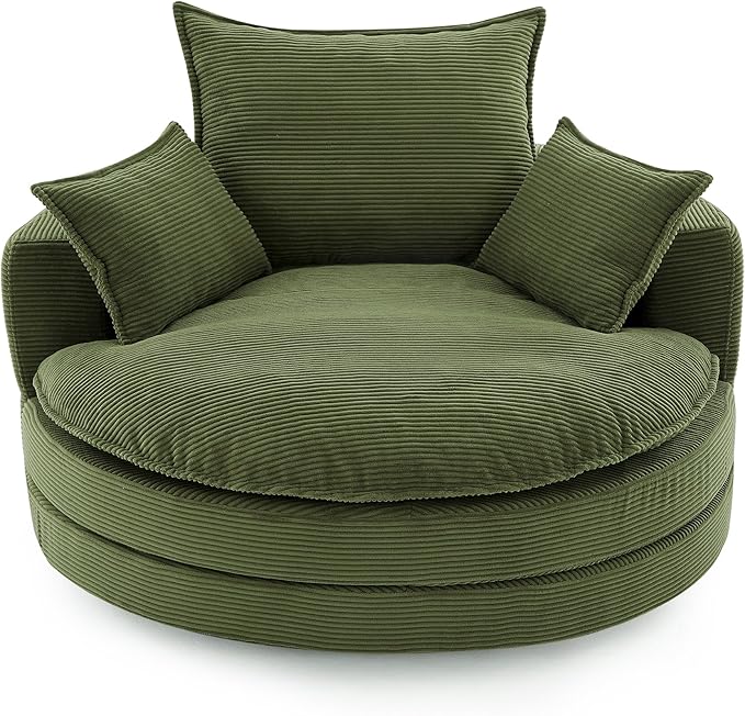 360° Swivel Sofa Chair with Dual-Layer Cushion Design 57.5 Swivel Round Accent Barrel Chair with 3 Removable Pillows for Living Room Office and Hotel (Green//261)