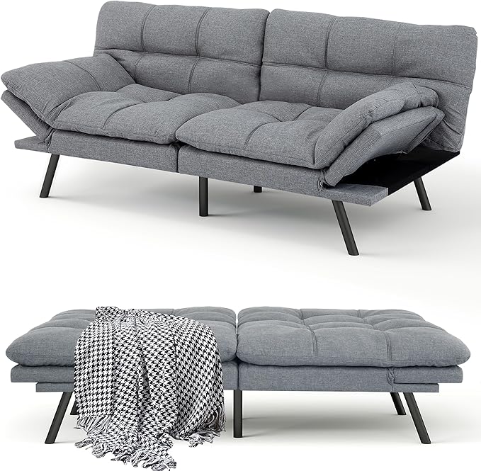 MUUEGM 71 Futon Sofa Bed Comfortable Memory Foam Futons Sofa with Adjustable Backrest &amp Armrests Convertible Loveseat Futon Bed for Compact Living Room Apartment Office Grey