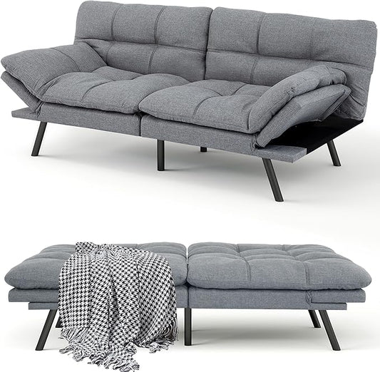 MUUEGM 71 Futon Sofa Bed Comfortable Memory Foam Futons Sofa with Adjustable Backrest &amp Armrests Convertible Loveseat Futon Bed for Compact Living Room Apartment Office Grey