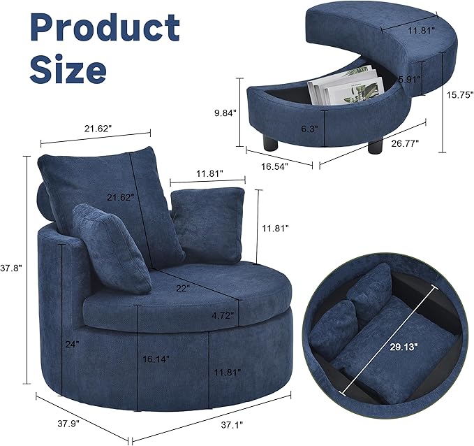 39.8” Swivel Accent Barrel Chair with Storage Oversized Round Chairs with Half Moon Ottoman Swivel Barrel Chaise Lounge Indoor with Neck Support Pillow Barrel Chairs for Living Room Dark Blue