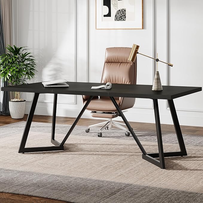 Tribesigns 70.86-Inch Large Executive Desk Modern Computer Office Desk Workstation with Metal Frame Rectangular Laptop Desk Study Writing Table for Home Office (Black)