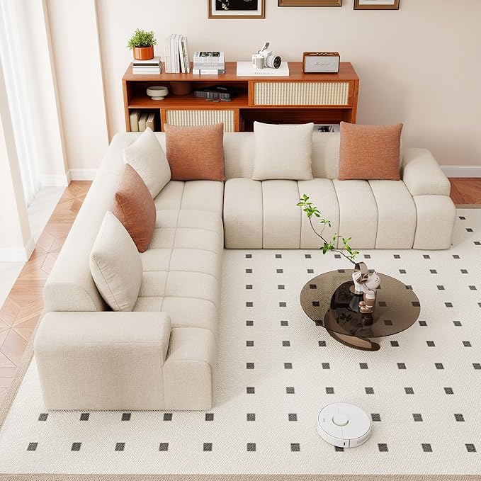 Cloud Modular Sectional Sofa Couch 108 V Shaped Chenille Fabric Memory Foam Sofa 5-Seater Couches with 6 Pillows for Living RoomApartmentBeige