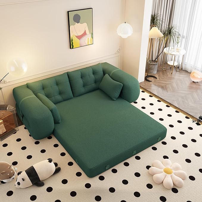 79 Modern Green Teddy Convertible Futon Couch Sofa Bed 3 in 1 Pull Out Memory Sleeper Cloud Sofas Double Full Size Boneless Love Seat Beds for Living Room Dorm ApartmentBedroom (Green)