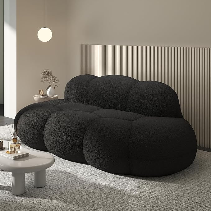 Modern Curved Sofa 3 Seater Soft Sherpa Upholstered Sofa Minimalist Style Comfy Cloud Couch for Living Room Apartment Black