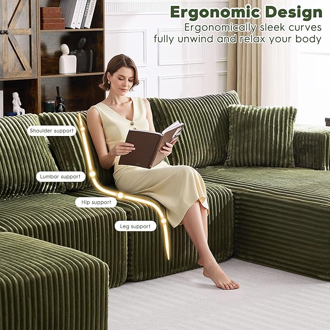 Ihanherry 139.37 Cloud Modular Sectional Couch Sofa with U-Shape Chaise and Big Ottoman with Deep Seat Upholstered Couches for Living RoomNo Assembly Required Plush Corduroy Fabric (Green)