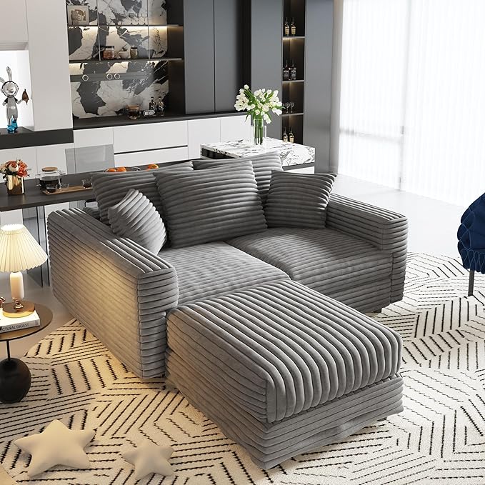 82.7'' Oversized Corduroy Couch Modular Sectional Sofa with Ottoman Upholstered 3 Deep Seat L Shape Sofa Convertible Cloud Couches with Chaise Lounge for Living Room Apartment Gray