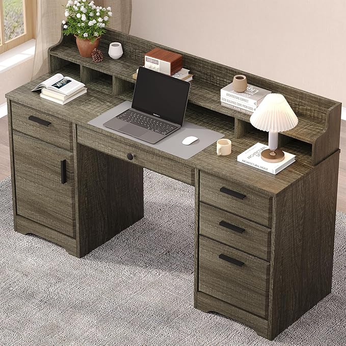 58 Inch Executive Desk with File Drawers Computer Desk with Storage Rustic Desk with Adjustable Shelves Office Desk with Hutch for Bedroom Grey