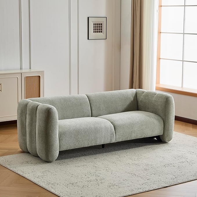 Christopher Knight Home Ahri 83'' Wood Frame Lounge Sofa Couch with Wave Design Soft Seating 3-Seater Sofa with Armrests Comfy Chenille Upholstered Home Sofa for Living Room Light Green