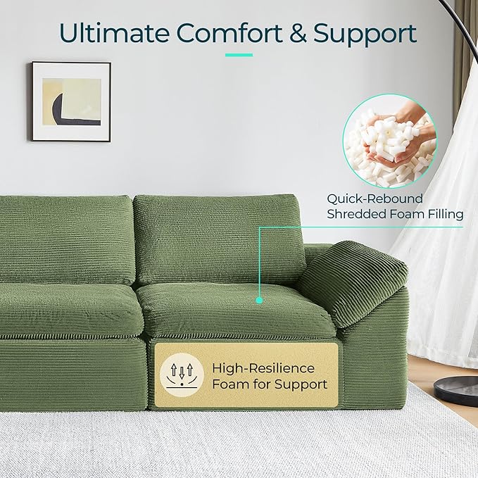 LINSY HOME 139 Modular Couch Modern Boneless Cloud Couch U Shaped Sofa with Movable Ottomans Deep Seat Corduroy Sectional Couches for Living Room Apartment No Assembly Required Green