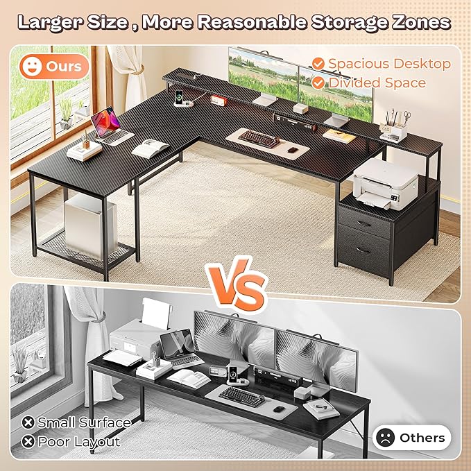 PRAISUN 66 L Shaped Gaming Desk with LED Lights &amp Power Outlets Computer Desk with Fabric Drawers and Print Stand Corner Office Desk Monitor Stand Mesh CPU Stand Carbon Fiber Black