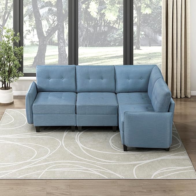 Lexicon L Shape Sectional Couch with Hidden Storage Textured Fabric Modular Sectional Sofa with Button-Tufted Design Reversible Back Cushion 4 Seater Sofa Blue
