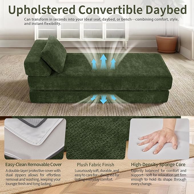 Convertible Chaise Lounge Chair Indoor Boneless Cloud Couch with 2 Pillows Sleeper Sofa for Living Room Bedroom Reading Nook- No Need Assembly (Green)