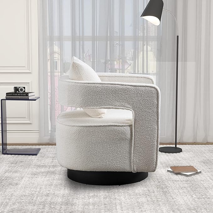 29 W Modern Boucle Swivel Accent Chair Open Back Comfy Sofa Chair with Black Wood Base for Nursery Bedroom Living Room Hotel Office Club Leisure Lounge Chair (Ivory)