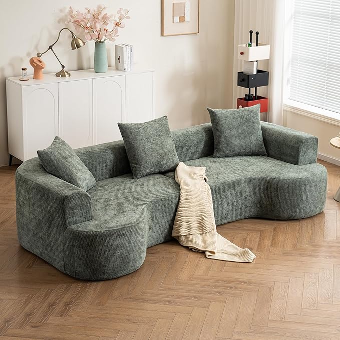 106.72” Curved Sofa Oversized Curved Couch for Living Room Corduroy Fabric Foam Couch Modern Deep Seat Couched with Pillows No Assembly Green