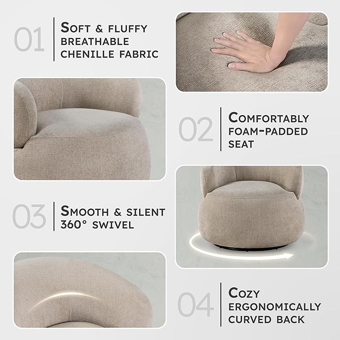 Lexicon Modern Barrel Swivel Accent Chair - Upholstered Soft Chenille Fabric with Metal Base 360 Degree Round Swivel Accent Chair for Living Room Bedroom Office No Assembly Required Light Brown