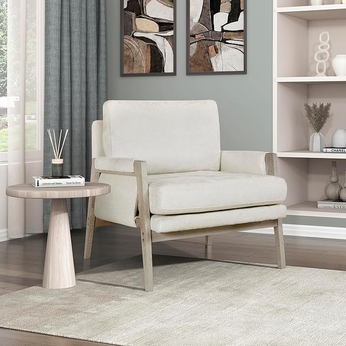 Lexicon Living Room Accent Chair with Wire-Brushed Light Brownish-Gray Wood Frame Chenille Upholstered Arm Chair with Wrapped Arm Rest Thick Seat Cushion Cream