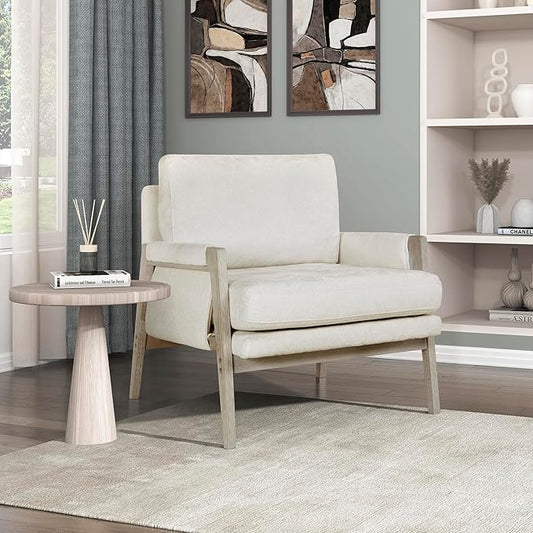 Lexicon Living Room Accent Chair with Wire-Brushed Light Brownish-Gray Wood Frame Chenille Upholstered Arm Chair with Wrapped Arm Rest Thick Seat Cushion Cream