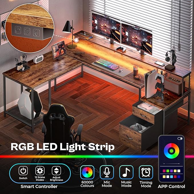 PRAISUN 66 L Shaped Gaming Desk with LED Lights &amp Power Outlets Computer Desk with Fabric Drawers and Print Stand Corner Office Desk Monitor Stand Mesh CPU Stand Rustic Brown