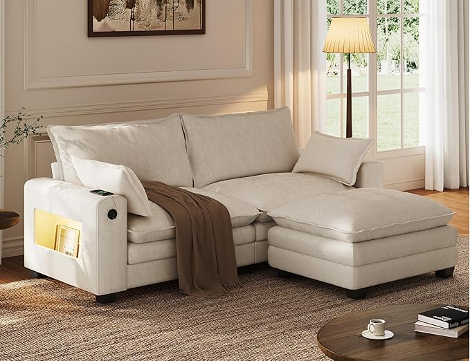 80 L Shaped Sofa Sectional Cloud Couch with Ottoman Modern Chenille Fabric Sofa with Wide Armrest Storage Charging Station Led Lights for Living Room Bedroom and Apartment White