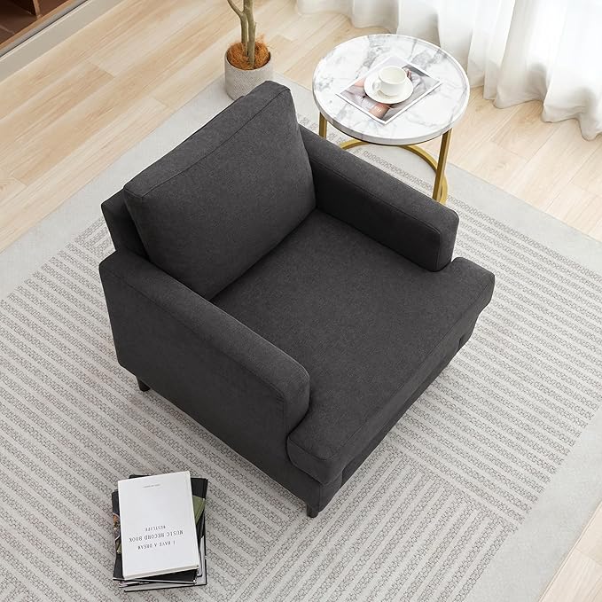 Mid-Century Accent ChairModern Linen Fabric Armchair for Living RoomComfy Upholstered Reading Accent Chairs for BedroomSingle Sofa Chair with Wood Legs (Dark Grey 1 Pack)