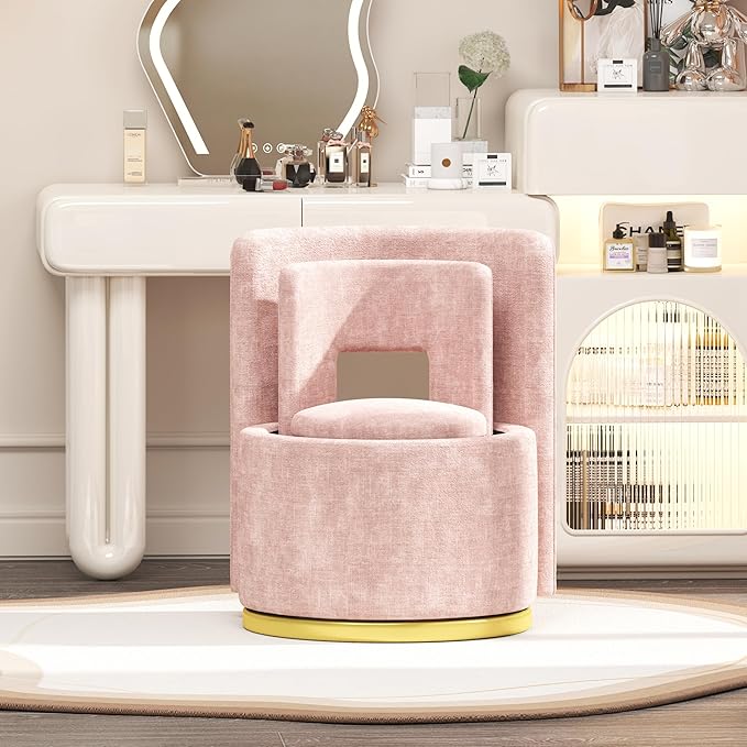 360° Round Swivel Chair with Storage Under Seat Comfy Chair for Living Room Bedroom Reading Room (Pink)